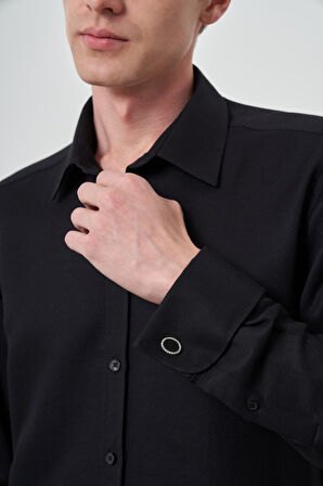  Erkek Siyah Manşetli Slim Fit Sert Yaka Gömlek