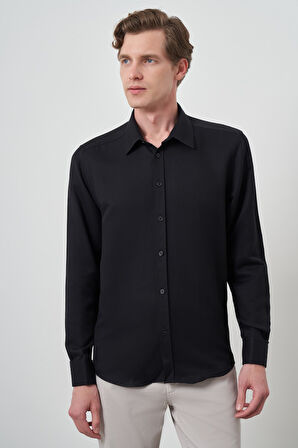  Erkek Siyah Manşetli Slim Fit Sert Yaka Gömlek