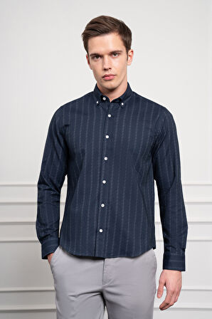  Erkek Lacivert Kışlık Dynamic Fit Düğmeli Yaka Gömlek