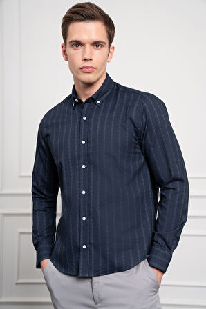  Erkek Lacivert Kışlık Dynamic Fit Düğmeli Yaka Gömlek