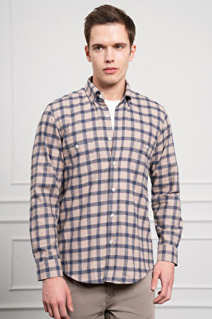  Erkek Lacivert Kışlık Düğmeli Yaka Regular Fit Gömlek