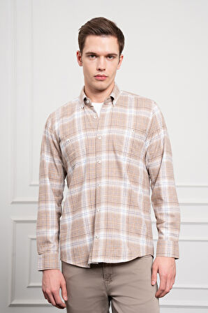  Erkek Bej Kışlık Düğmeli Yaka Regular Fit Gömlek