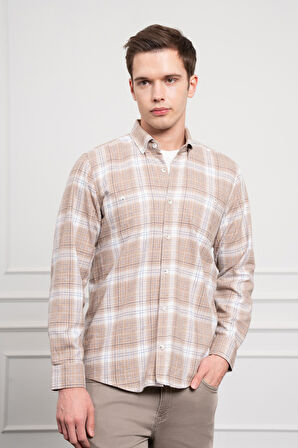  Erkek Bej Kışlık Düğmeli Yaka Regular Fit Gömlek