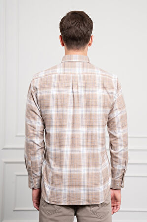  Erkek Bej Kışlık Düğmeli Yaka Regular Fit Gömlek