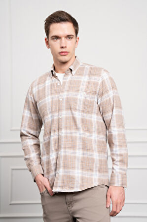  Erkek Bej Kışlık Düğmeli Yaka Regular Fit Gömlek