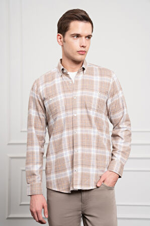  Erkek Bej Kışlık Düğmeli Yaka Regular Fit Gömlek