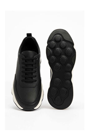 Erkek Siyah Deri Kalın Tabanlı Sneaker Ayakkabı