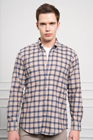  Erkek Lacivert Kışlık Düğmeli Yaka Regular Fit Gömlek