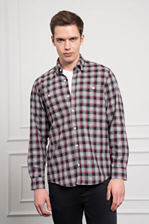  Erkek Gri Kışlık Düğmeli Yaka Regular Fit Gömlek