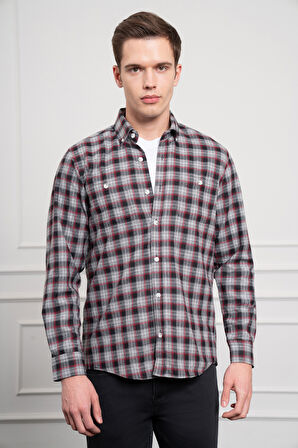  Erkek Gri Kışlık Düğmeli Yaka Regular Fit Gömlek