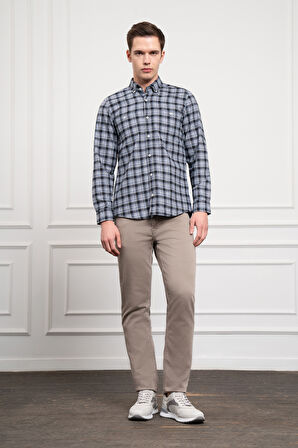  Erkek Mavi Kışlık Düğmeli Yaka Regular Fit Gömlek