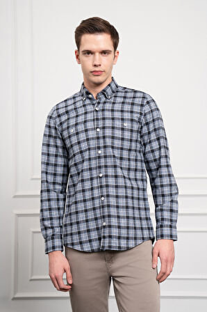  Erkek Mavi Kışlık Düğmeli Yaka Regular Fit Gömlek