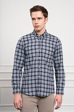  Erkek Mavi Kışlık Düğmeli Yaka Regular Fit Gömlek