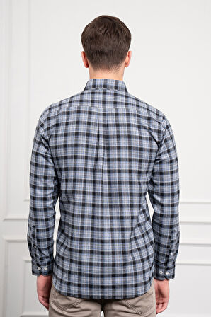  Erkek Mavi Kışlık Düğmeli Yaka Regular Fit Gömlek