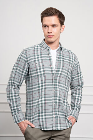  Erkek Yeşil Kışlık Düğmeli Yaka Regular Fit Gömlek