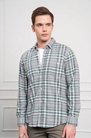  Erkek Yeşil Kışlık Düğmeli Yaka Regular Fit Gömlek