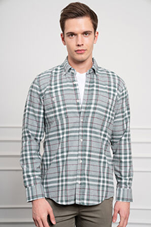  Erkek Yeşil Kışlık Düğmeli Yaka Regular Fit Gömlek