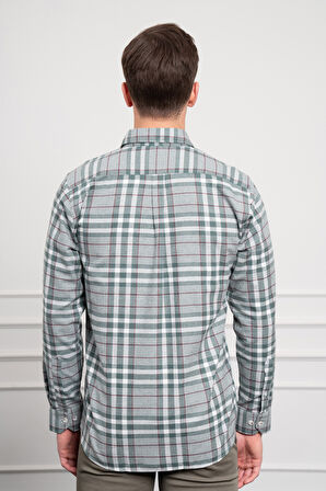  Erkek Yeşil Kışlık Düğmeli Yaka Regular Fit Gömlek