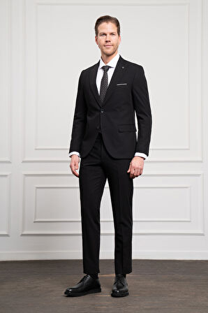  Erkek Siyah Basic Düz Desen Slim Fit Dar Kesim Sivri Yaka Takım Elbise