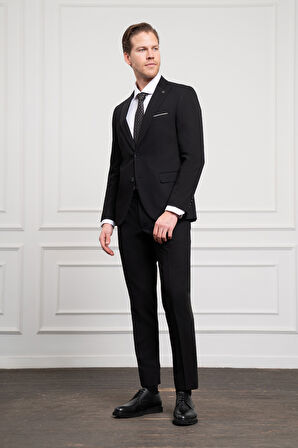  Erkek Siyah Basic Düz Desen Slim Fit Dar Kesim Sivri Yaka Takım Elbise