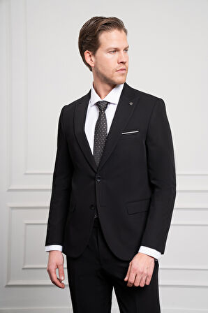 Erkek Siyah Basic Düz Desen Slim Fit Dar Kesim Sivri Yaka Takım Elbise