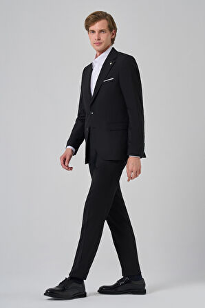  Erkek Siyah Yünlü Slim Fit Mono Yaka Takım Elbise