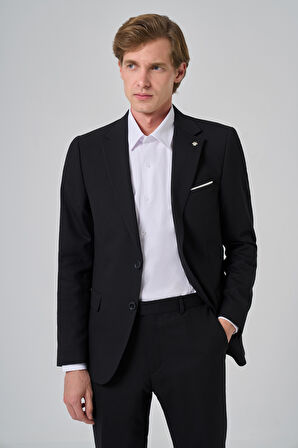  Erkek Siyah Yünlü Slim Fit Mono Yaka Takım Elbise