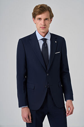  Erkek Lacivert Yünlü Slim Fit Mono Yaka Takım Elbise