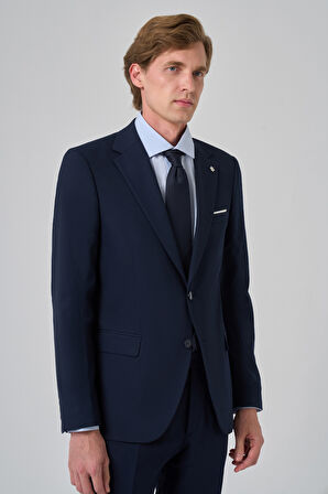  Erkek Lacivert Yünlü Slim Fit Mono Yaka Takım Elbise