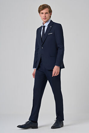  Erkek Lacivert Yünlü Slim Fit Mono Yaka Takım Elbise