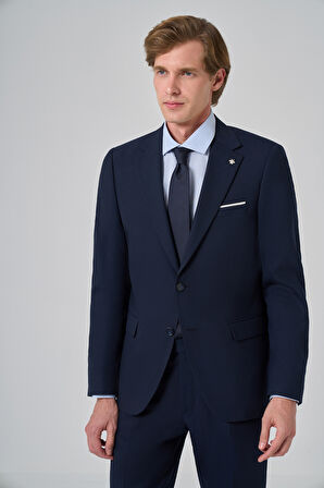  Erkek Lacivert Yünlü Slim Fit Mono Yaka Takım Elbise
