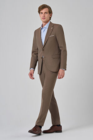  Erkek KAHVE Yünlü Slim Fit Mono Yaka Takım Elbise