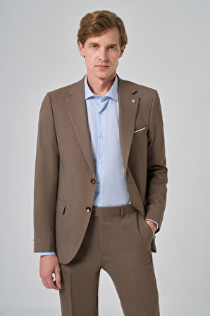  Erkek KAHVE Yünlü Slim Fit Mono Yaka Takım Elbise