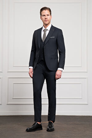  Erkek Lacivert Trend Yelekli Slim Fit Dar Kesim Sivri Yaka Takım Elbise