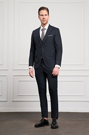  Erkek Lacivert Trend Yelekli Slim Fit Dar Kesim Sivri Yaka Takım Elbise