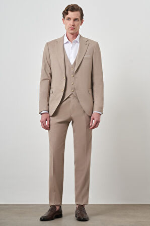  Erkek Bej Yünlü Slim Fit Yelekli Mono Yaka Takım Elbise