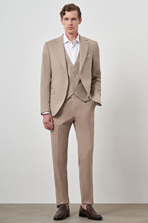  Erkek Bej Yünlü Slim Fit Yelekli Mono Yaka Takım Elbise
