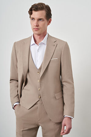  Erkek Bej Yünlü Slim Fit Yelekli Mono Yaka Takım Elbise
