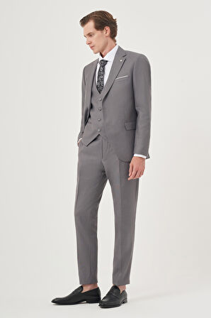  Erkek Gri Poliviskon Slim Fit Mono Yaka Yelekli Takım Elbise