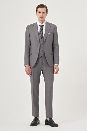  Erkek Gri Poliviskon Slim Fit Mono Yaka Yelekli Takım Elbise