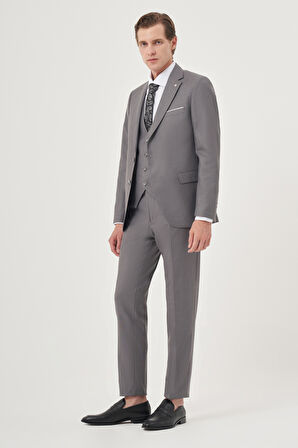  Erkek Gri Poliviskon Slim Fit Mono Yaka Yelekli Takım Elbise