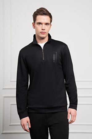  Erkek Siyah Femuarlı Bato Yaka Dynamic Fit Rahat Kesim Sweatshirt