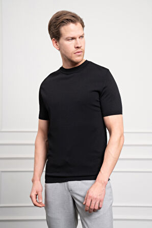  Erkek Siyah Trend Bisiklet Yaka Dynamic Fit Rahat Kesim Rayon T-Shirt