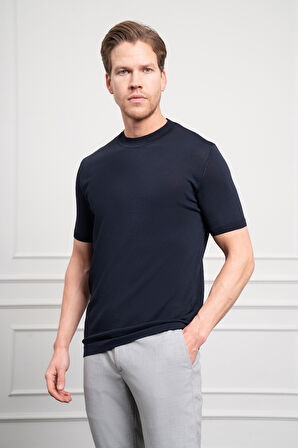  Erkek Lacivert Trend Bisiklet Yaka Dynamic Fit Rahat Kesim Rayon T-Shirt
