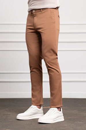  Erkek Camel Slim Fit Dar Kesim Chino Pantolon