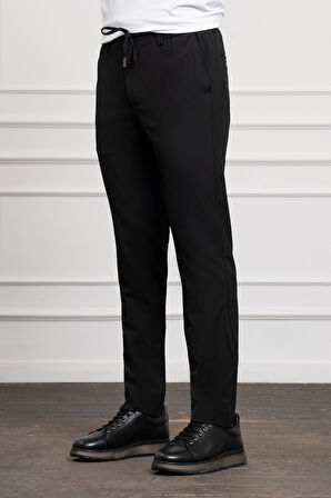  Erkek Siyah Slim Fit Dar Kesim İpli Jogger Pantolon
