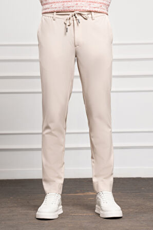  Erkek Bej Slim Fit Dar Kesim İpli Jogger Pantolon