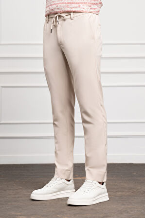  Erkek Bej Slim Fit Dar Kesim İpli Jogger Pantolon