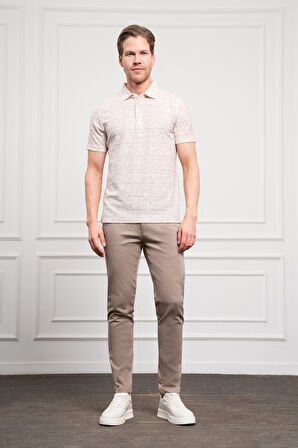  Erkek Bej Trend Polo Yaka Desenli Dynamic Fit Rahat Kesim T-Shirt