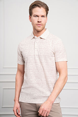 Erkek Bej Trend Polo Yaka Desenli Dynamic Fit Rahat Kesim T-Shirt